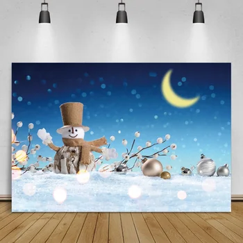 Laeacco Ziemas Sniegavīrs Nakts Skats Moon Light Bokeh Snoeflake Bumbiņas Christams Fons Bērna Fotogrāfija Fona Foto Studija