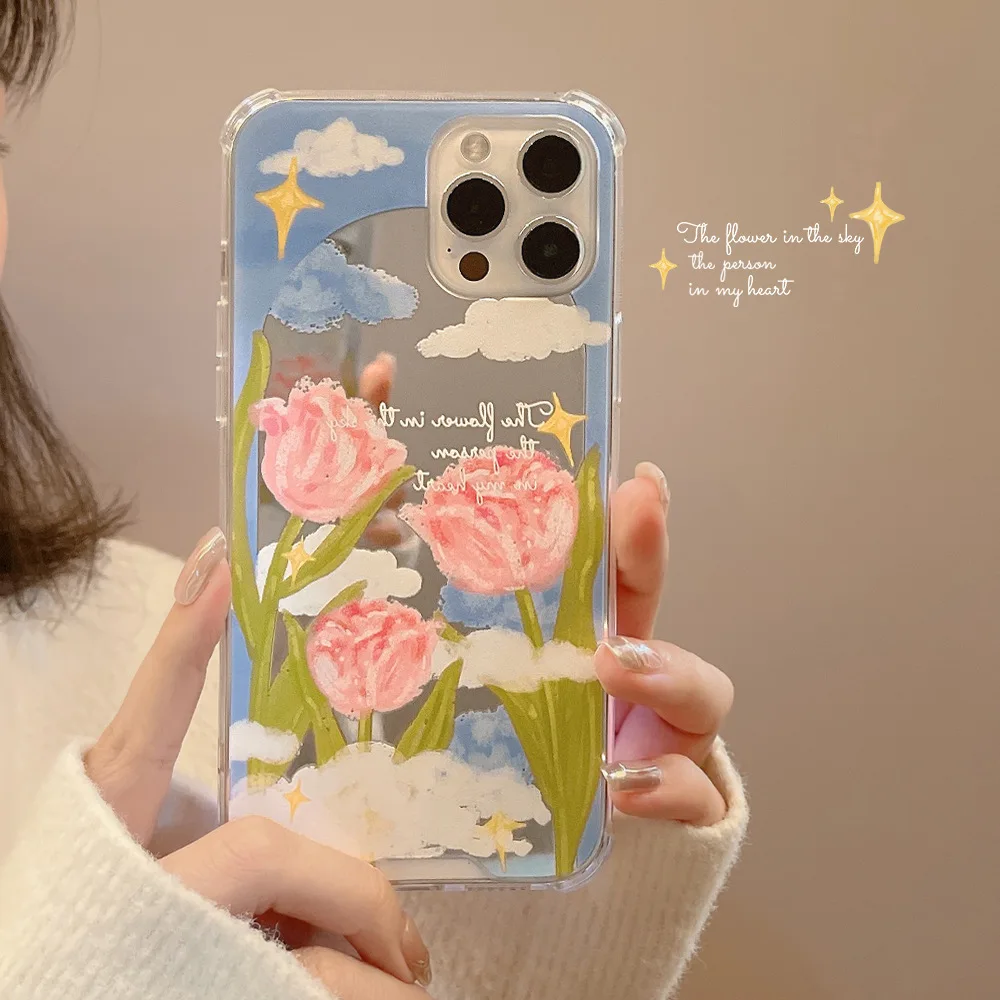 Salds spogulis tulpju ziedi zvaigžņotām debesīm mākonis Retro Tālrunis Lietā Par iPhone 14 13 12 11 Pro Max Xr Xs Max 7 14 Plus gadījumā, Gudrs vāciņš0