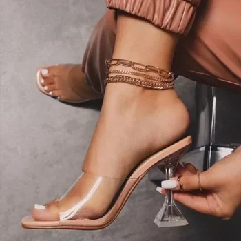 2024. gadam Jauniem PVC Jelly Čības Atvērtā Toed augstpapēžu kurpes Sieviešu Caurspīdīgu Papēdi Čības Modes Dāma Kurpes Sexy Čības Plus Lieluma