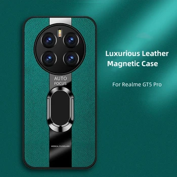 Organiskā stikla PU Ādas Triecienizturīgs Telefona Gadījumā Realme GT 5 Pro Magnetic Metāla Gredzenu Stāvēt Turētāja Vāku Uz Realme GT 3 Neo 5 SE