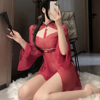 Sarkanā Seno Ķīniešu Sexy Apakšveļa Aizraušanās Kleitu, Kopa Cheongsam Skatīt caur Hanfu Svārki Vienādu Sieviešu Backless Šarmu Kostīmi