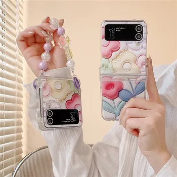 3D Krāsains Ziedu Pērlīšu Aproce Telefonu Gadījumos Samsung Galaxy Z Flip 4 3 5G Luksusa Cietos vākos Case for Samsung Z Flip4 Flip3