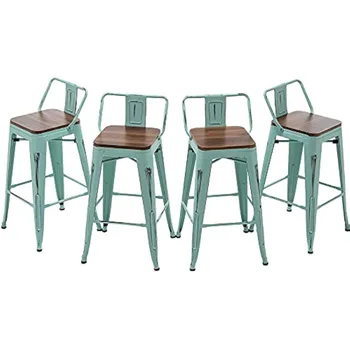 Bāra Krēsli Komplekts 4 Skaitītājs Augstums Taburetes Rūpniecības Metāla Barstools ar Koka Sēdekļi(24 Collas, Problemātisko Green Blue)