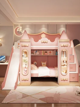 Divstāvu gulta Bērnu gulta Meitene Princese Pils gultā ar grāmatu plaukts Divstāvu gulta Augsta un zema gulta slaidu gulta
