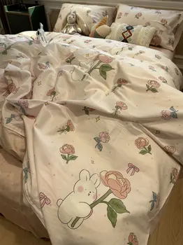 Cute karikatūra trušu rožu gultas komplekts bērnu pusaudžu dvīņu pilna karaliene kawaii rozā kokvilnas mājas tekstila gultas loksnes spilvena pārvalks sega vāciņu