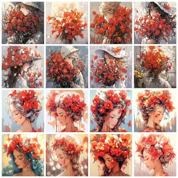 RUOPOTY Krāsošana Ar Numuriem Pieaugušajiem Komplekti Little Red Flower Girl Roku darbs Ziedu Dzīves telpu dekorēšana
