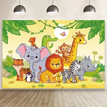 Džungļu Karikatūra Savvaļas Dzīvnieku Safari Puse Bērnu Dušas, Dzimšanas Dienas Foto Fona Portrets Custom Banner Ģimenes Foto Fons