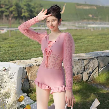 Korejas Peldkostīmu 2024 Vienu Gabalu Peldkostīmi Sieviešu Rozā Ziedu Mežģīnes garām Piedurknēm Konservatīvu Karstā Pavasara Peldkostīmu Brīvdienu Tērps