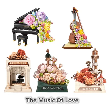 Ar Monment Ziedu Blokiem, Aizraujošu Romantiku, Klavieres, Vijoli, Mūzikas Instruments, Mājas Apdares Ķieģeļi Rotaļlieta 