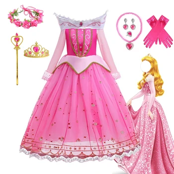 Meitenes Aurora Princese Kleita Briar Rose Anime Cosplay Kostīmu Iedomātā Persona Pasaku Kleita Rozā Bērniem Halloween Karnevāla Apģērbs Kronis