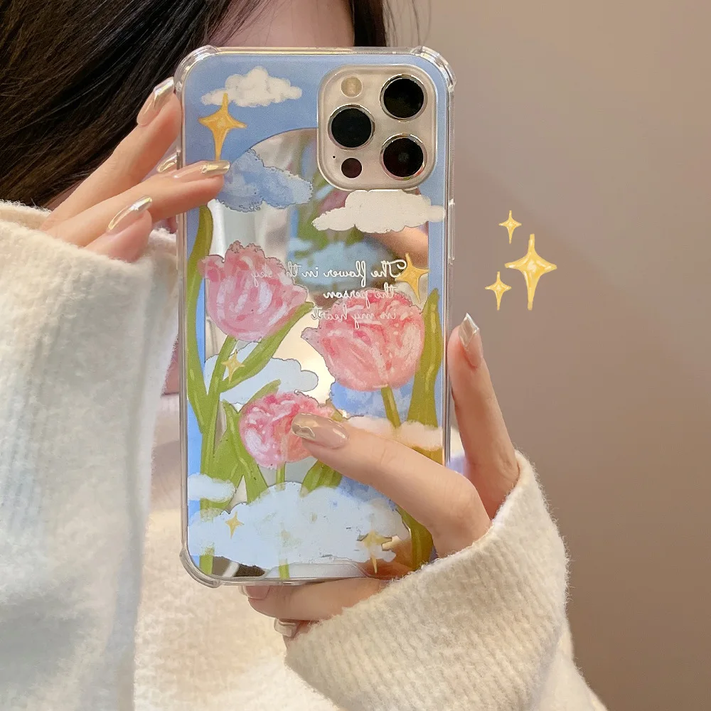Salds spogulis tulpju ziedi zvaigžņotām debesīm mākonis Retro Tālrunis Lietā Par iPhone 14 13 12 11 Pro Max Xr Xs Max 7 14 Plus gadījumā, Gudrs vāciņš2