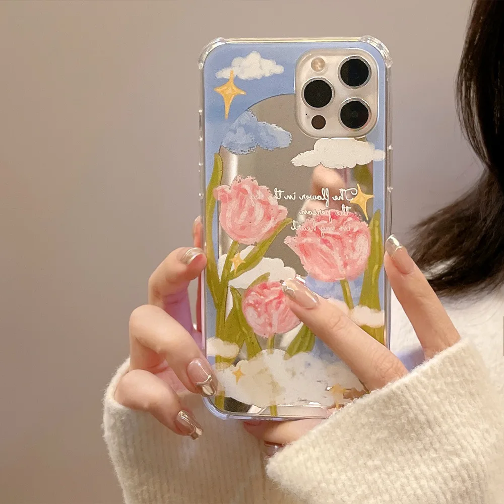 Salds spogulis tulpju ziedi zvaigžņotām debesīm mākonis Retro Tālrunis Lietā Par iPhone 14 13 12 11 Pro Max Xr Xs Max 7 14 Plus gadījumā, Gudrs vāciņš5