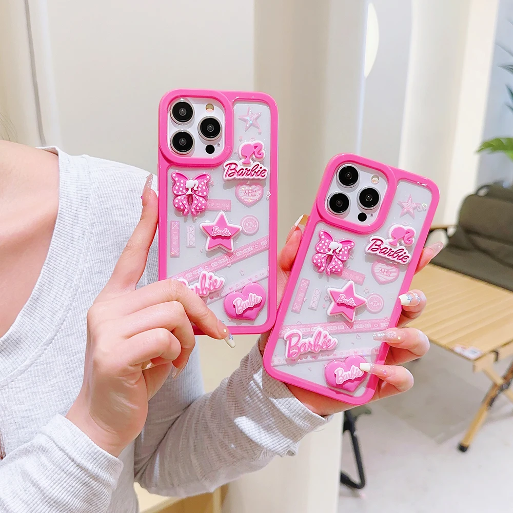 Jauki rozā 3D Lelle B-Barbies Tālrunis Lietā Par Iphone 11 12 13 14 15 Pro Max Plus Caurspīdīgs Piliens necaurlaidīgs Vāks4