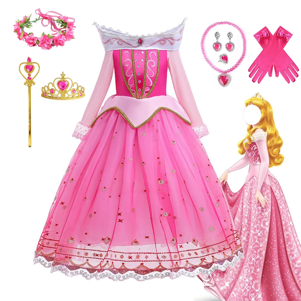 Meitenes Aurora Princese Kleita Briar Rose Anime Cosplay Kostīmu Iedomātā Persona Pasaku Kleita Rozā Bērniem Halloween Karnevāla Apģērbs Kronis0
